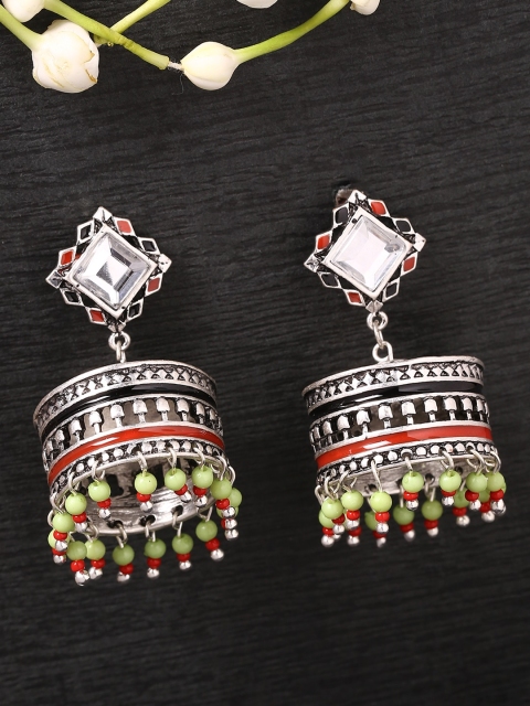 

Studio Voylla Silver-Toned & Red Rhodium-Plated Dome Shaped Jhumkas