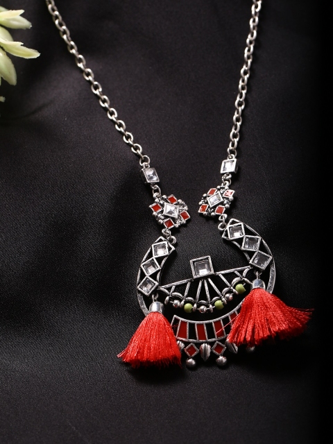 

Studio Voylla Silver-Toned & Rust Orange Alloy Rhodium-Plated Oxidised Necklace
