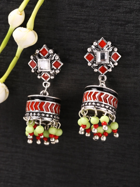 

Studio Voylla Silver-Toned & Red Classic Rhodium-Plated Jhumkas