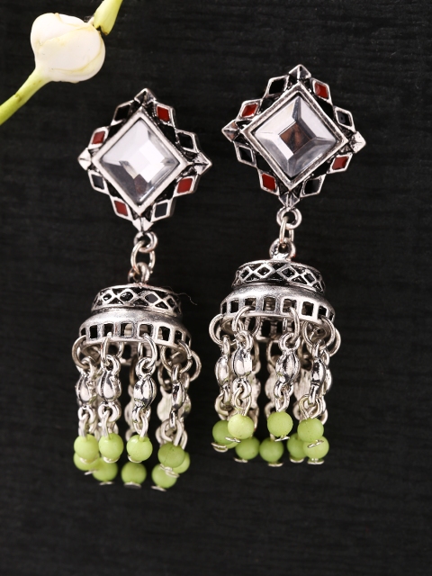 

Studio Voylla Silver-Toned & Green Dome Shaped Oxidised Jhumkas