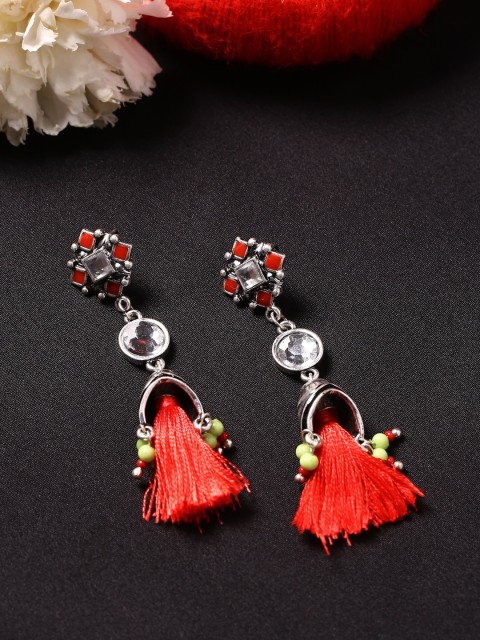 

Studio Voylla Silver-Toned & Red Classic Drop Rhodium-Plated Earrings