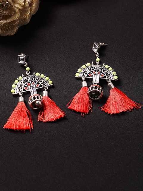 

Studio Voylla Silver-Toned & Red Classic Rhodium-Plated Drop Earrings