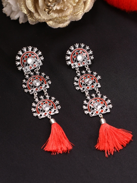 

Studio Voylla Silver-Toned & Red Rhodium-Plated Quirky Drop Earrings