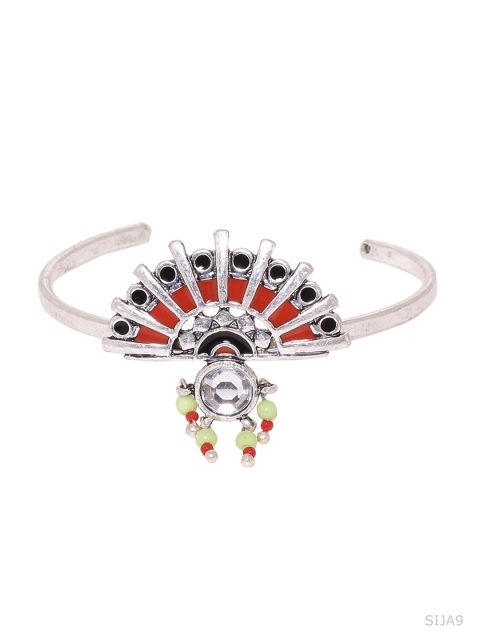 

Studio Voylla Silver-Toned & Red Alloy Rhodium-Plated Oxidised Cuff Bracelet