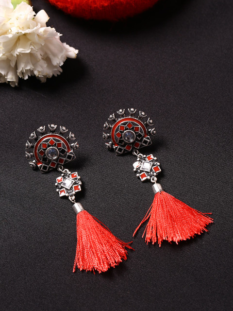 

Studio Voylla Silver-Toned & Red Rhodium-Plated Quirky Drop Earrings
