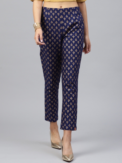 

Juniper Women Navy Blue & Gold-Toned Smart Slim Fit Printed Cigarette Trousers