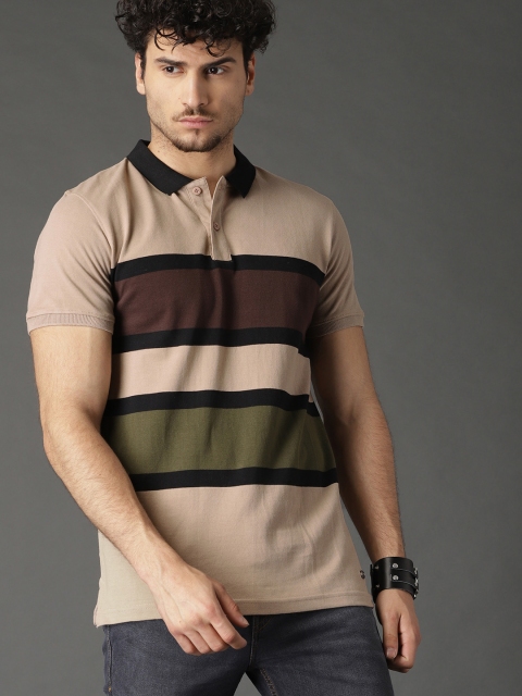 

Roadster Men Beige & Olive Green Striped Polo Collar T-shirt