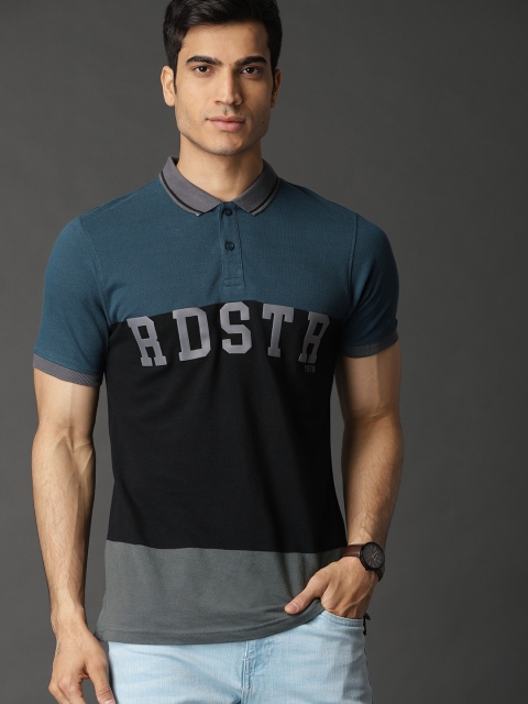 

Roadster Men Black & Blue Brand Carrier Collar T-shirt