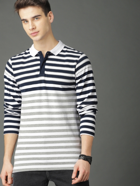 

Roadster Men Navy Blue & White Striped Polo T-shirt