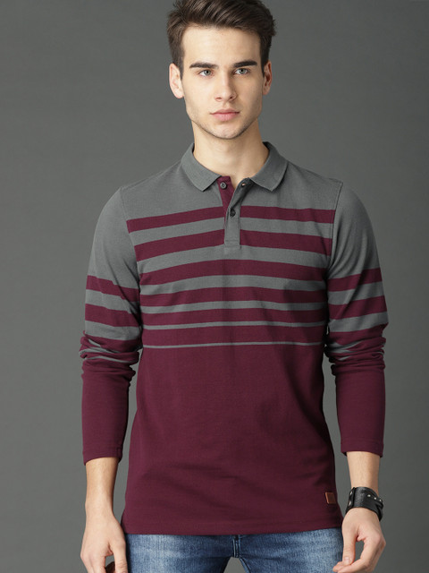 

Roadster Men Burgundy & Grey Striped Polo Collar T-shirt