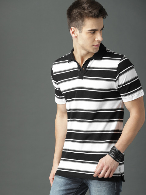 

Roadster Men Black Striped Polo Collar T-shirt
