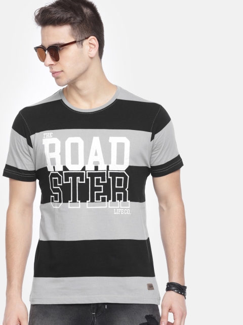 

Roadster Men Grey & Black Striped Round Neck T-shirt