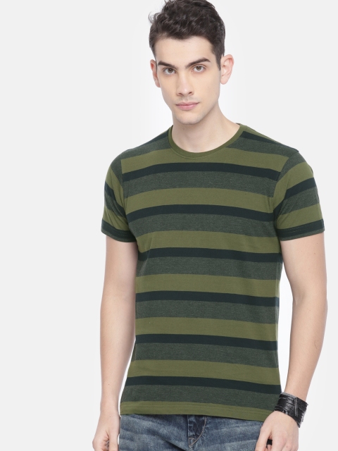 

Roadster Men Olive Green & Navy Blue Striped Round Neck T-shirt
