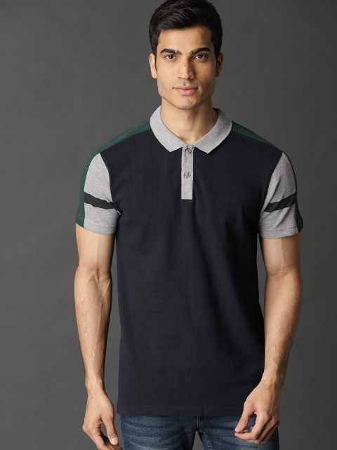 

Roadster Men Navy Blue Colourblock Polo Collar T-shirt