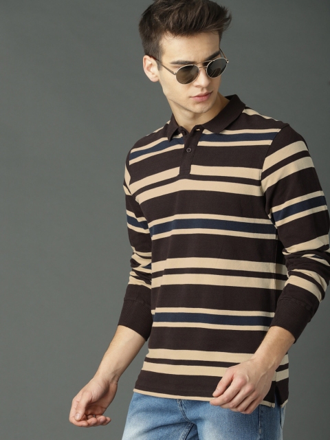 

Roadster Men Brown & Beige Striped Polo Collar T-shirt