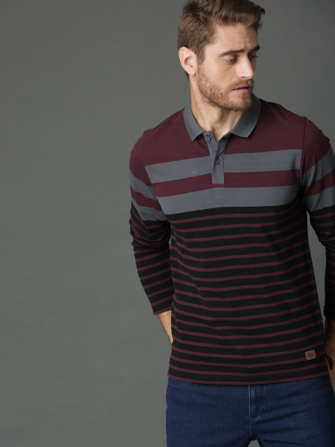

Roadster Men Black & Burgundy Striped Polo Collar T-shirt