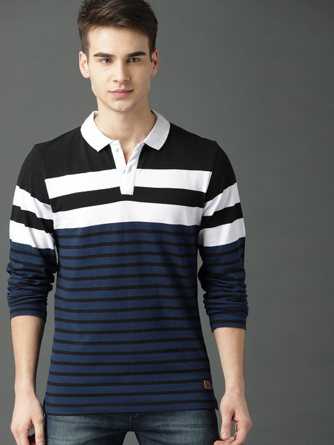 

Roadster Men Navy Blue & White Striped Polo Collar T-shirt