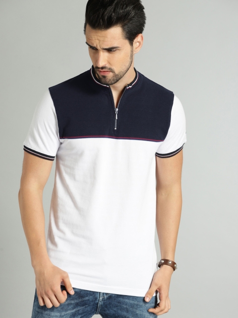 

Roadster Men White & Navy Blue Colourblocked Mandarin Collar T-shirt