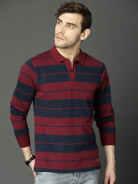 

Roadster Men Maroon & Navy Blue Striped Polo Collar T-shirt