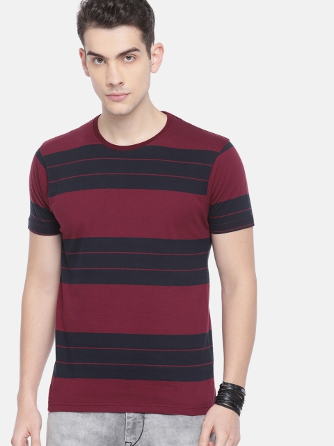 

Roadster Men Burgundy & Navy Blue Striped Round Neck T-shirt