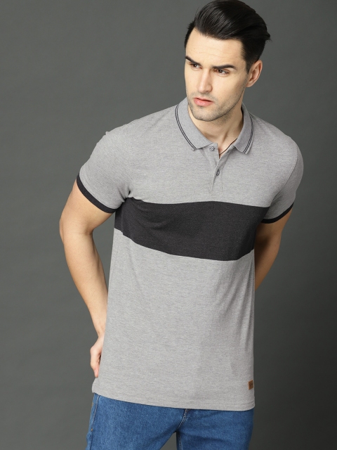 

Roadster Men Grey Melange & Black Colourblocked Polo Collar T-shirt