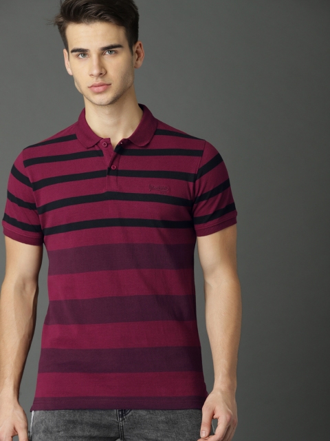 

Roadster Men Maroon Black Striped Polo Collar Pure Cotton T-shirt