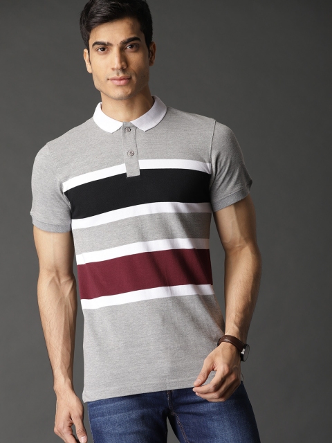 

Roadster Men Grey Melange & Maroon Striped Polo Collar T-shirt