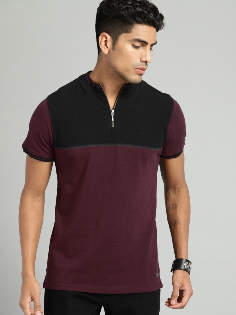 

Roadster Men Burgndy & Black Colourblocked Henley Neck T-shirt, Burgundy