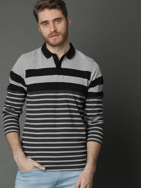 

Roadster Men Grey Striped Polo Collar T-shirt