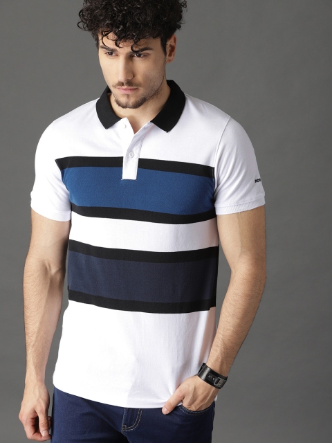 

Roadster Men White & Blue Striped Polo Collar T-shirt