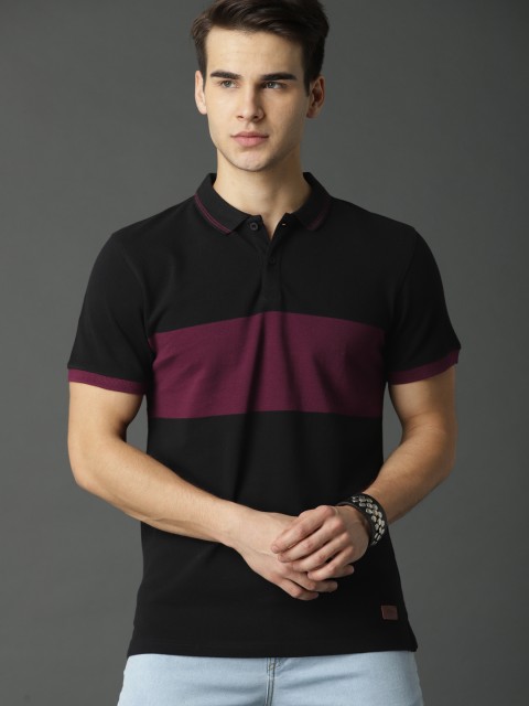 

Roadster Men Black & Burgundy Colourblocked Polo Collar T-shirt