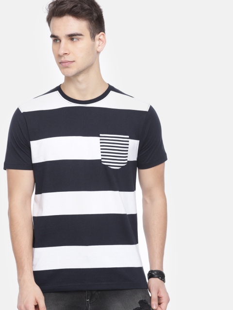 

Roadster Men Navy Blue & White Striped Round Neck T-shirt
