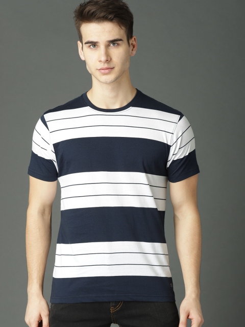 

Roadster Men Navy White Striped Round Neck Pure Cotton T-shirt, Navy blue