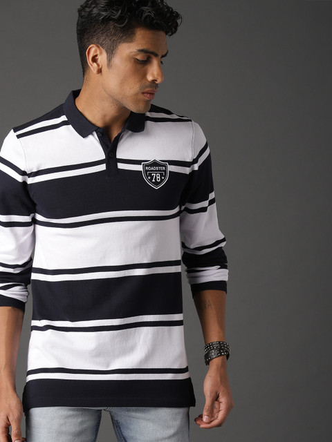 

Roadster Men Navy Blue White Striped Polo Collar Pure Cotton T-shirt