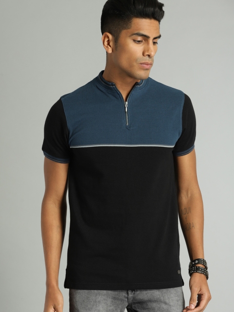 

Roadster Men Black Blue Colourblocked Mandarin Collar Pure Cotton T-shirt