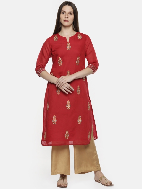 

TRISHAA BY PANTALOONS Women Red Embroidered Straight Kurta