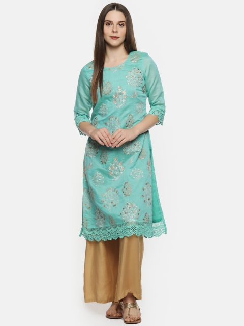 

TRISHAA BY PANTALOONS Women Turquoise Blue Embroidered Straight Kurta