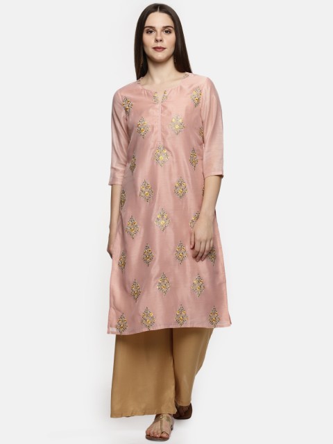 

TRISHAA BY PANTALOONS Women Pink & Beige Embroidered Straight Kurta