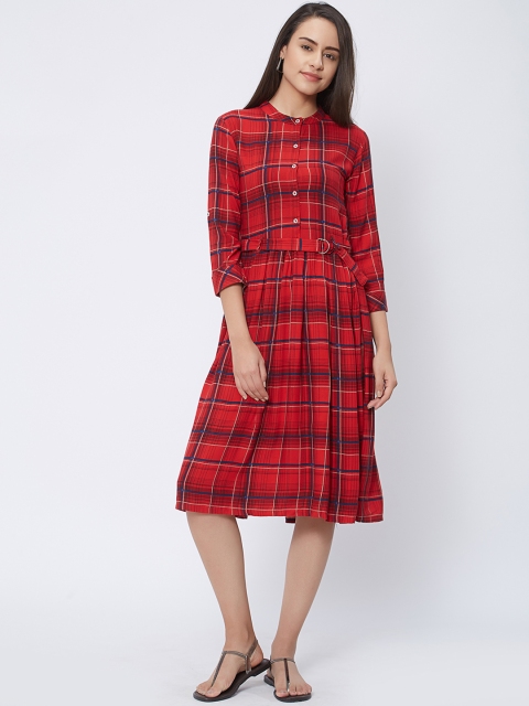 

Kvsfab Women Red Checked Fit and Flare Dress