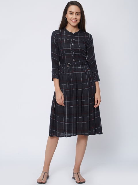

Kvsfab Women Charcoal Checked Fit and Flare Dress