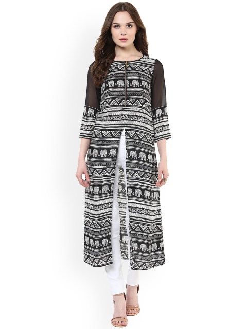 

StyleStone Women Black and White Elephant Print Kurta