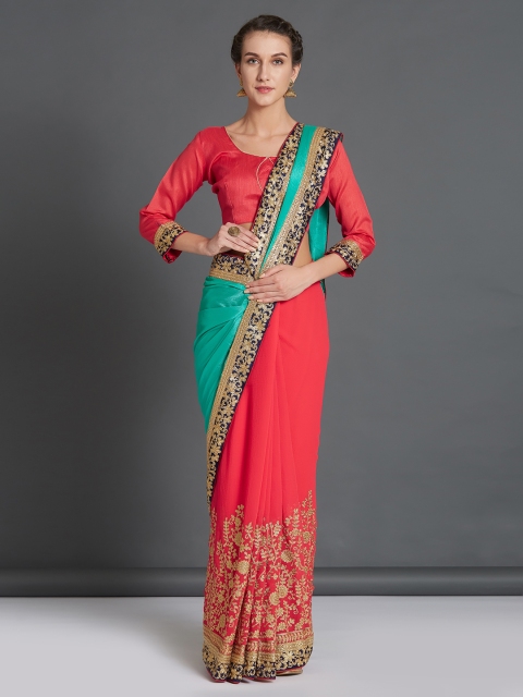 

Mitera Turquoise Blue & Pink Poly Georgette Solid Saree