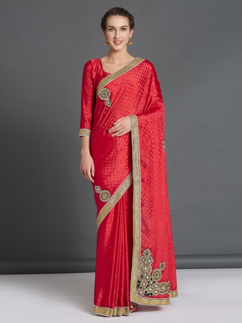 

Mitera Red & Beige Poly Crepe Woven Design Saree