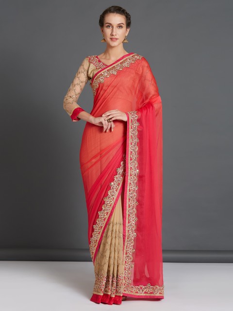 

Mitera Coral & Beige Pure Georgette Solid Saree