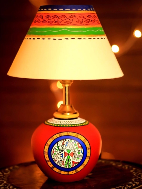 

Unravel India Red & Off-White Terracotta Hand Painted Table Top Lamp with Shade