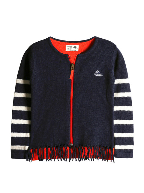 

Cherry Crumble Kids Navy Blue & White Striped Front Open Sweater