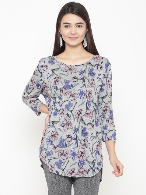 

OVS Women Grey Melange & Blue Printed Top