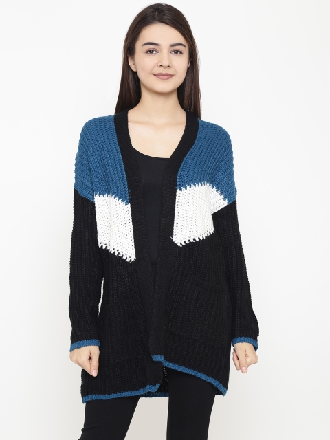 

OVS Women Black & Teal Blue Colourblocked Front-Open Sweater