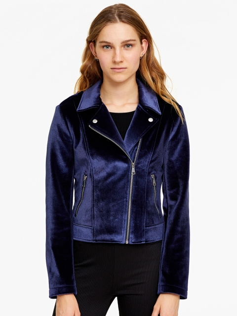 

OVS Women Navy Blue Solid Velvet Finish Tailored Jacket