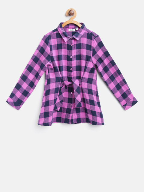 

OVS Girls Pink & Navy Blue Regular Fit Buffalo Check Casual Shirt with Tie-Up Detail